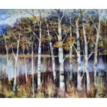 Lawrence Hill Oil on board Silver birches beside a lake, signed and dated 1991, 49cm x 60cm