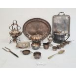 Assorted plated ware to include teapots, flatware, serving dishes, etc (1 box)