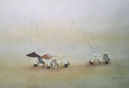 Bak Koi Tay (1939-2005) Watercolour on rice paper Malay fishermen standing in the water, signed,