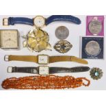 Quantity of costume jewellery to include coral bead necklace, assorted watches, brooches, beaded