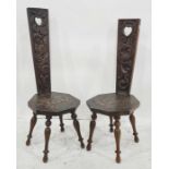 Two spinning chairs with carved back splats, octagonal seats, carved foliate decoration, on turned