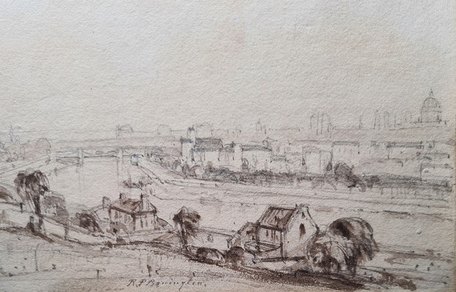 Richard Parkes Bonington (1802-1828) Pencil and wash  "Paris from St Cloud", city view with Seine in