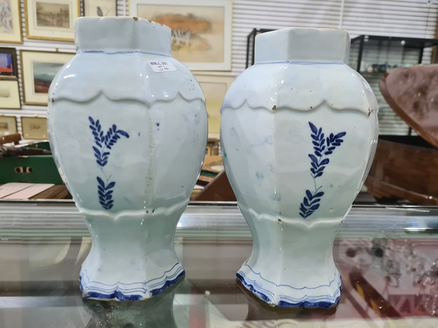 Pair of 18th century Dutch Delft vases with covers of hexagonal baluster form, the domed covers with - Image 9 of 45