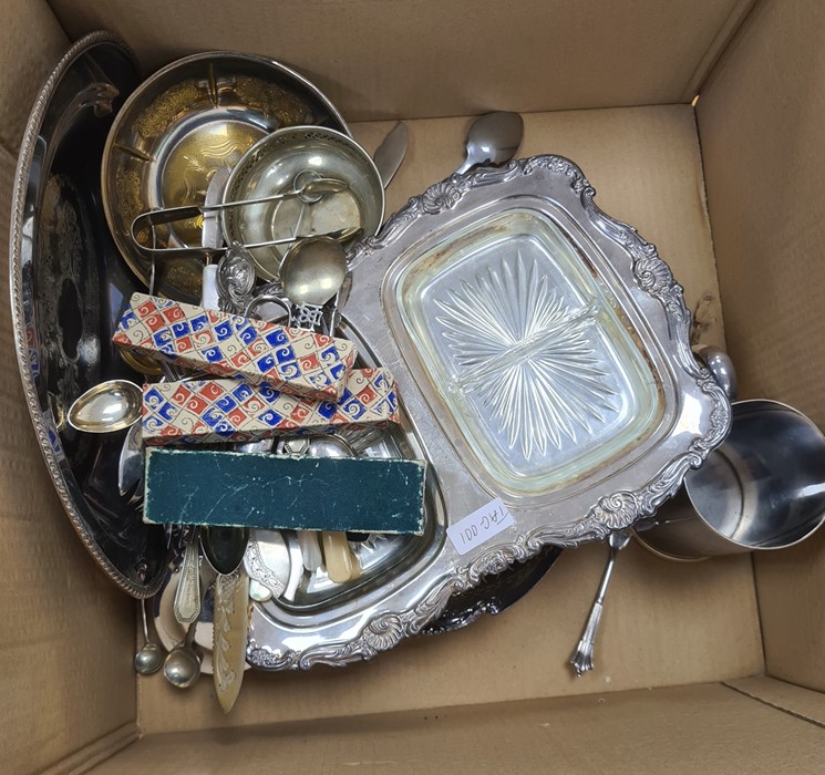 Quantity of plated flatware to include oval tray, trays, candelabra, sifters, flatware, etc (1 box) - Image 2 of 2