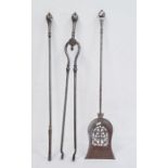Set of three steel fire tools to include a poker, tongs and shovel with pierced fretwork