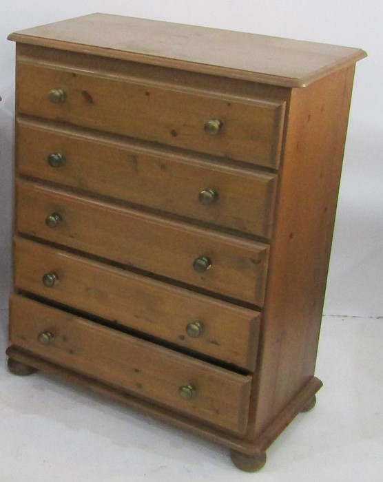 20th century pine chest of five long drawers, on bun feet, 81cm x 101cm