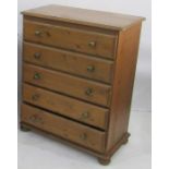 20th century pine chest of five long drawers, on bun feet, 81cm x 101cm