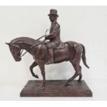 Bronze sculpture of huntsman wearing top hat, on horse, on rectangular stepped base, unattributed,