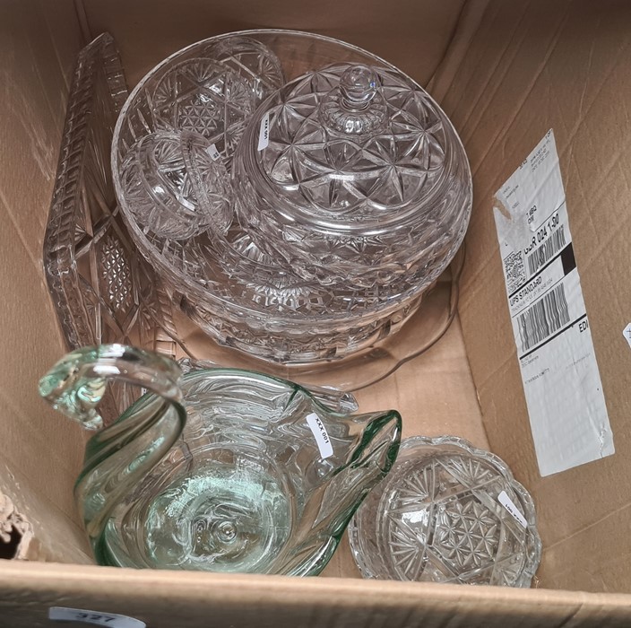 Quantity of pressed and moulded glass to include fruit bowl, sweetmeat dishes, pin dishes, glass