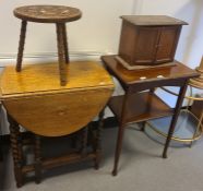 Oak gateleg table, a small table-top stationery desk tidy, a two-tier table and a stool (4)