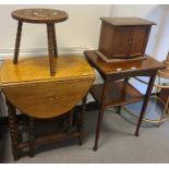 Oak gateleg table, a small table-top stationery desk tidy, a two-tier table and a stool (4)