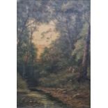 F Walters (early 20th century school) Oil on canvas  Wooded landscape with stream at dusk, two