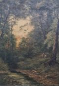 F Walters (early 20th century school) Oil on canvas  Wooded landscape with stream at dusk, two