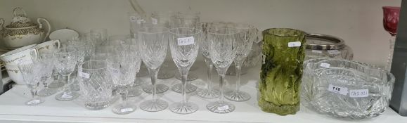 Eleven cut glass stemmed wines, five cut glass tumblers, two cut champagne flutes, six various cut