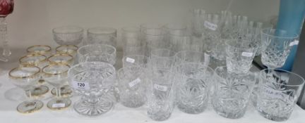 Set of five cut sundae dishes, 18 various cut tumblers, eight cut wines and seven other glass items