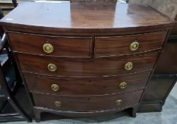 19th century mahogany bowfront chest of two short over three long drawers, splayed feet, 104cm x