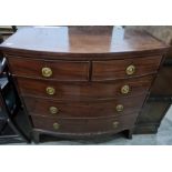 19th century mahogany bowfront chest of two short over three long drawers, splayed feet, 104cm x