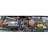 Three boxes of assorted tools and accessories including two brass blow torches, various spanners,
