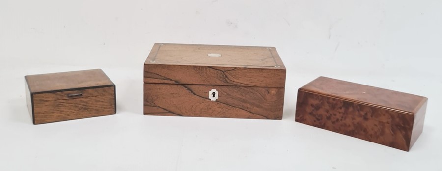 Burr walnut cigar/cigarette box, rectangular, a walnut and mother-of-pearl inlaid sewing box and a