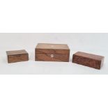 Burr walnut cigar/cigarette box, rectangular, a walnut and mother-of-pearl inlaid sewing box and a