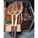 Assorted books, a camera and a cased Singer sewing machine and two vintage tennis rackets