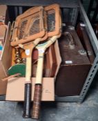 Assorted books, a camera and a cased Singer sewing machine and two vintage tennis rackets