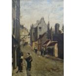 19th century school Oil on canvas Town street scene, signed indistinctly lower right 'Mittle'(?) and