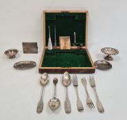 Set of three pairs silver table forks and spoons, fiddle pattern (marks worn), crested to handle,