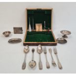 Set of three pairs silver table forks and spoons, fiddle pattern (marks worn), crested to handle,