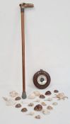 Carved walnut framed circular barometer, a shoe box full of shells and a walking cane with horn