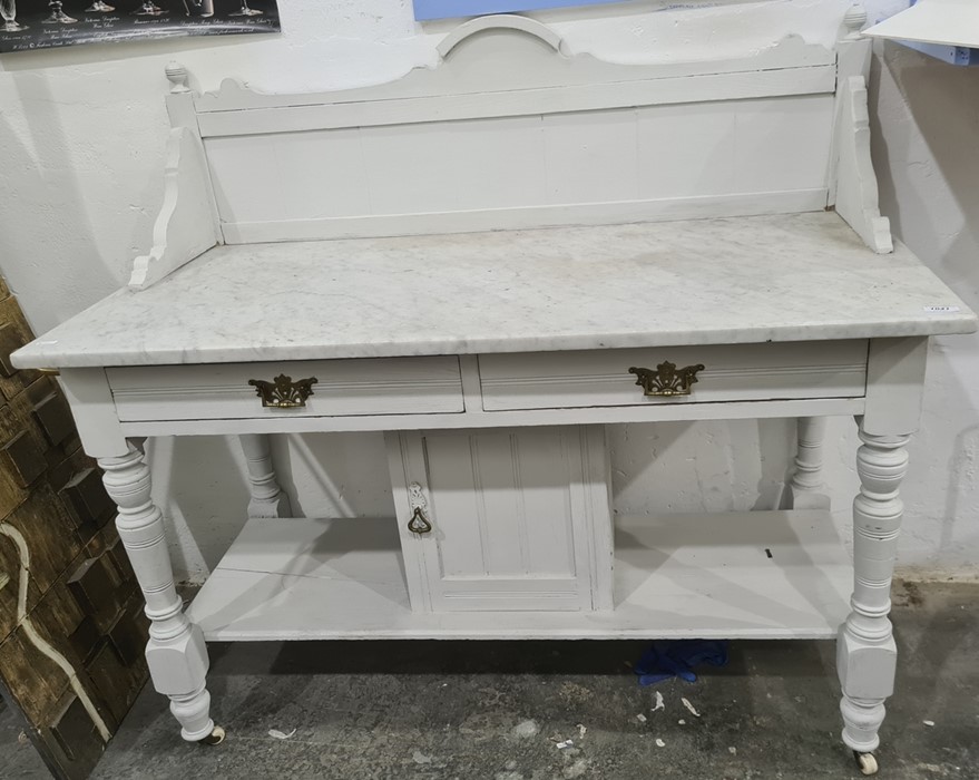 Victorian washstand with grey painted body and white variegated marble top, two drawers above single