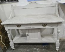 Victorian washstand with grey painted body and white variegated marble top, two drawers above single