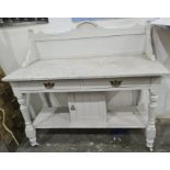 Victorian washstand with grey painted body and white variegated marble top, two drawers above single