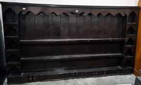 Large, possibly 18th century, oak rack with assorted shelves and drawers, 242cm x 137.5cm