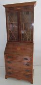 20th century yew bureau bookcase with moulded cornice, astragal glazed doors, inlaid fall, four