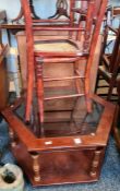 Hexagonal two-tier coffee table and two cane-seated chairs and a cast stone shoe (4)