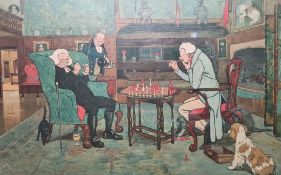 After Cecil Aldin Colour print Elderly gentleman playing chess before an open fire, framed Print