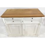 Sideboard with rectangular top above white painted base, two brushing slides, two drawers, pair of