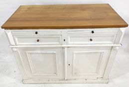 Sideboard with rectangular top above white painted base, two brushing slides, two drawers, pair of