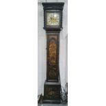 18th century black lacquered longcase clock, the square-shaped hood enclosing brass dial, subsidiary