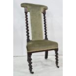 19th century prie dieu chair with olive green upholstered seat and back, barleytwist sides and