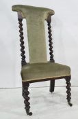 19th century prie dieu chair with olive green upholstered seat and back, barleytwist sides and