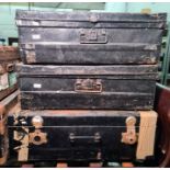 Two vintage metal travelling trunks and another (3)