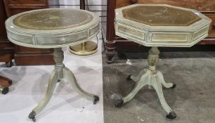 Two green painted centre tables, each with green leatherette top, single pedestal to cabriole reeded