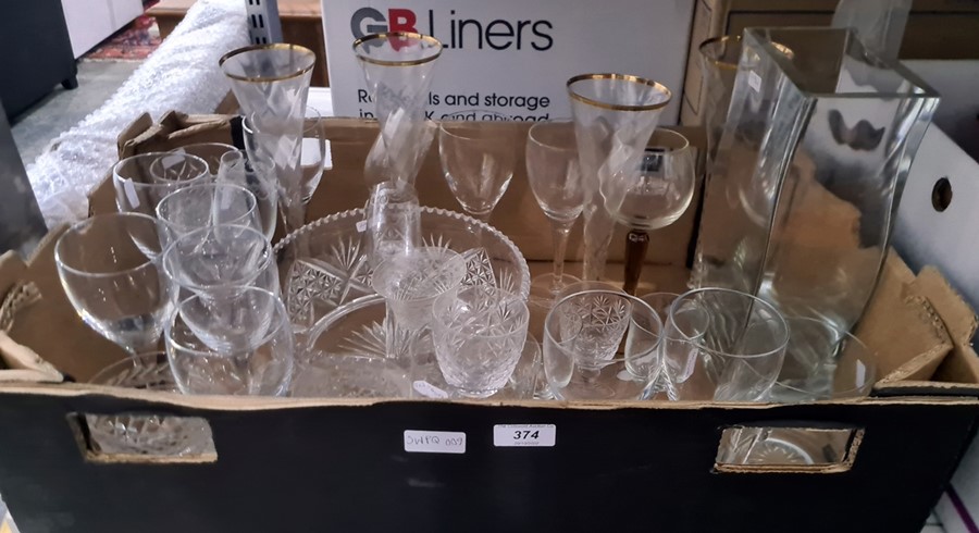 Box of various wine glasses, vases, bowls, etc