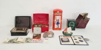 Collection of coins including large quantity of sixpences, a tiny money box, a wallet, some bank