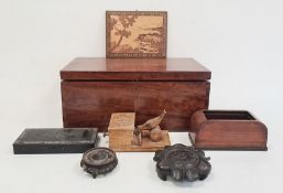 19th century mahogany box, the interior lined with pink velvet, a papier mache and mother-of-pearl