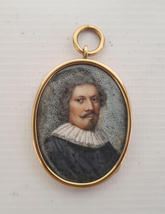 18th Century School Oval head and shoulders portrait miniature depicting a gentleman with ruff, in