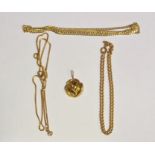 Three 9ct gold micro chains, 7.7g total and a silver-gilt rose pendant (4)