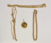 Three 9ct gold micro chains, 7.7g total and a silver-gilt rose pendant (4)